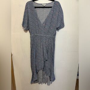 J. Crew Mercantile Blue Floral Ruffle Hem Faux Wrap High-Low Dress Size Medium